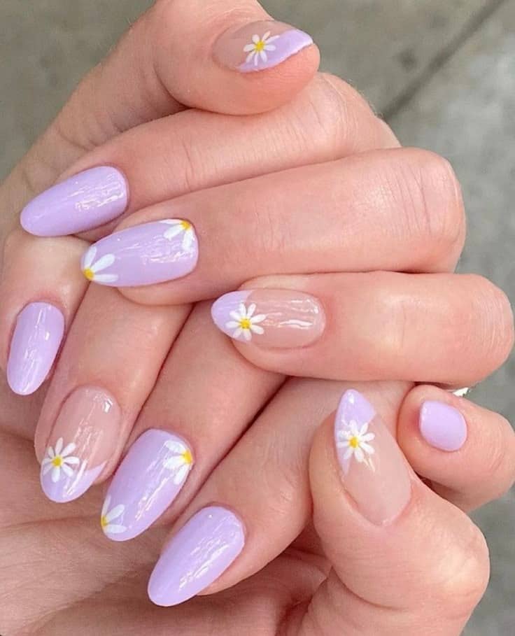 11. Pastel Lavender Daisy Almond Nails - pastel nail ideas