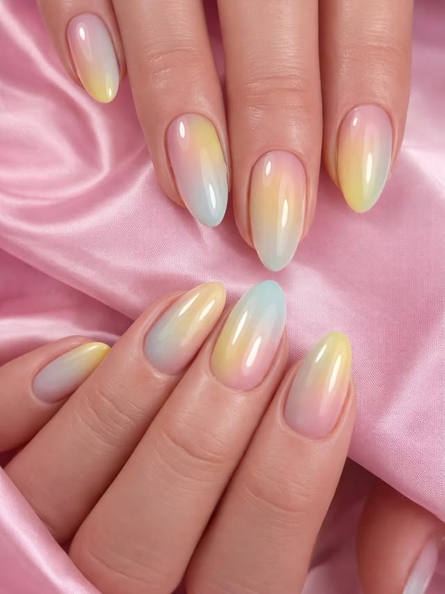 12. Pastel Rainbow Ombre Almond Nails - pastel nail ideas