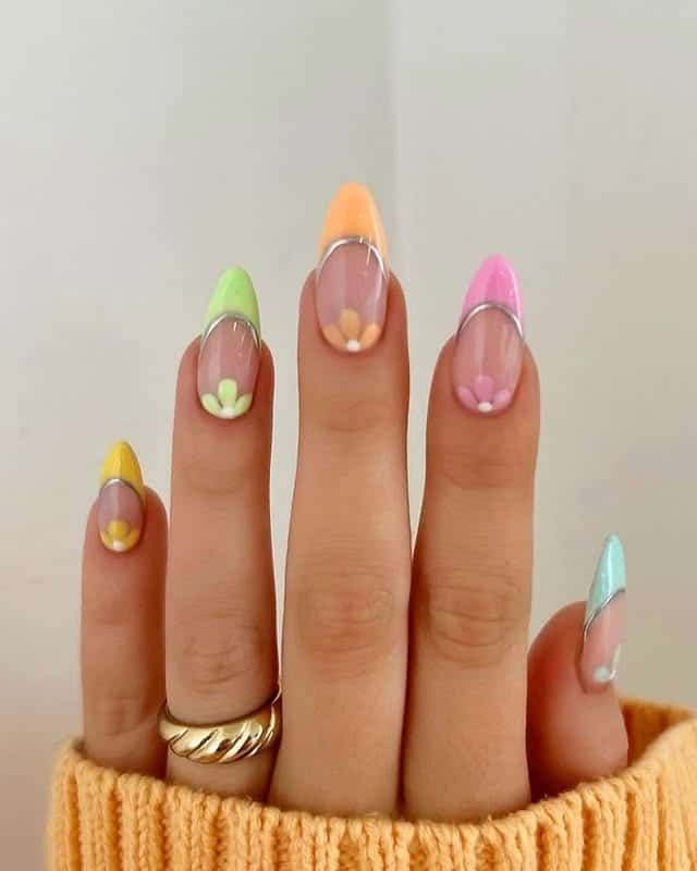 15. Pastel French Tip Flower Almond Nails - pastel nail ideas