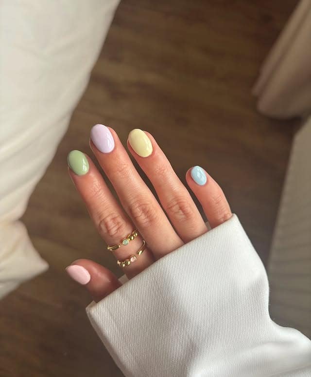 17. Pastel Rainbow Short Oval Nails - pastel nail ideas