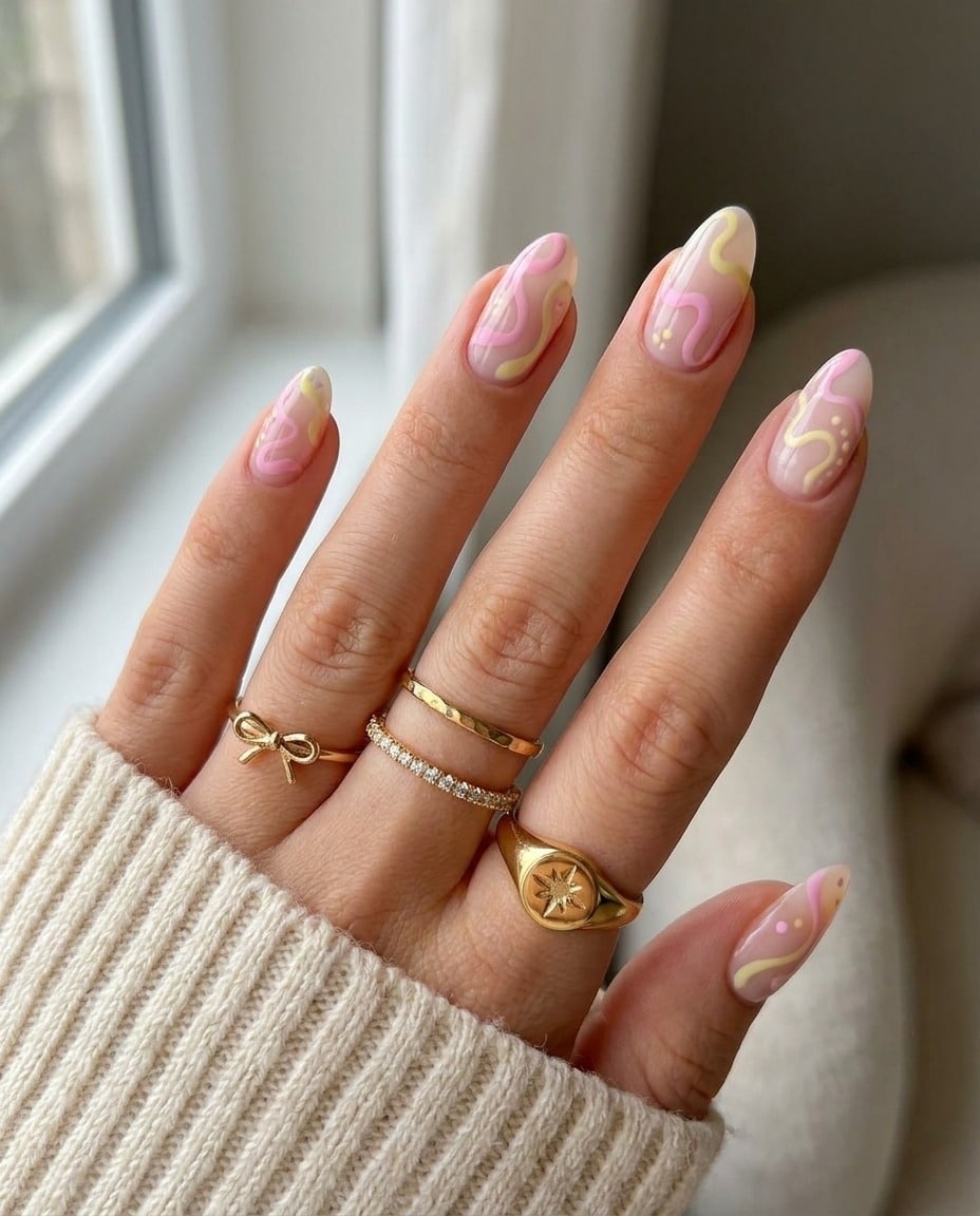 19. Pastel Pink Swirl Almond Nails - pastel nail ideas