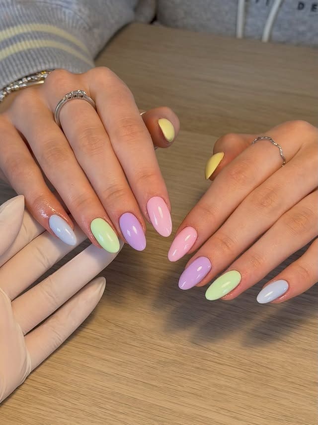 20. Pastel Rainbow Almond Nails - pastel nail ideas