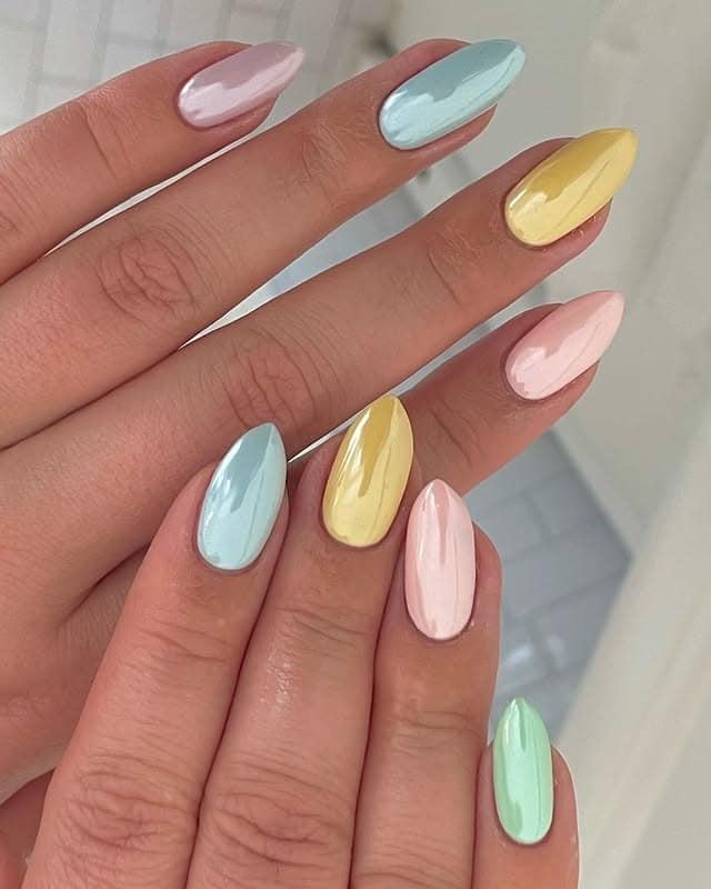 21. Pastel Rainbow Almond Nails - pastel nail ideas