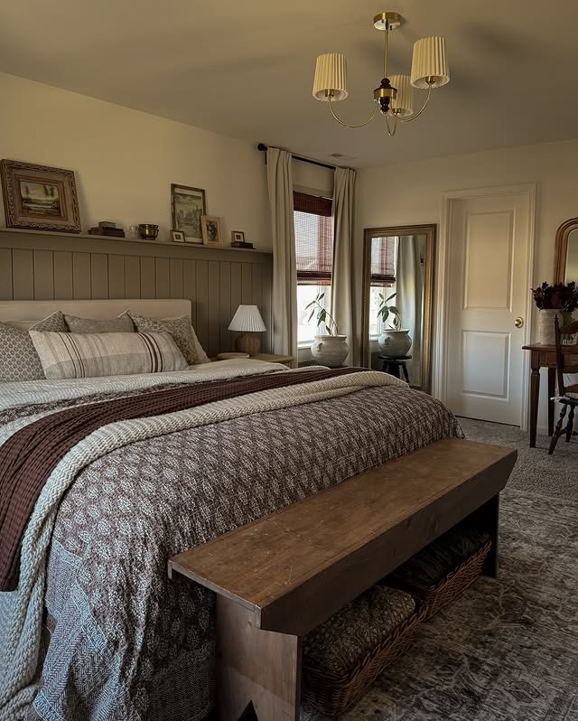 9. Traditional Bedroom Ideas with Taupe and Espresso Wood Details - traditional bedroom ideas