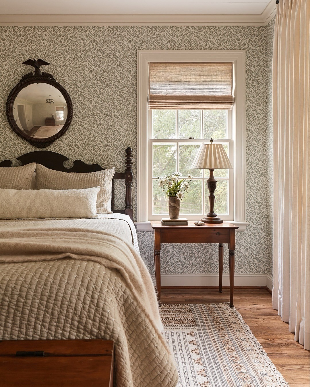 14. Traditional Bedroom Ideas with Sage Green and Cream Wallpaper - traditional bedroom ideas
