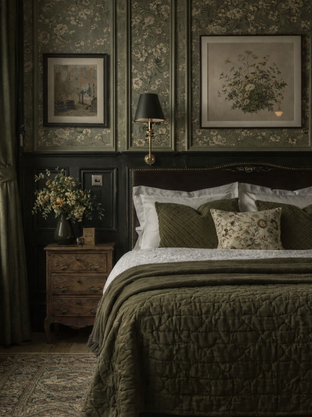 20. Traditional Bedroom Ideas with Deep Olive Green and Vintage Wood - traditional bedroom ideas