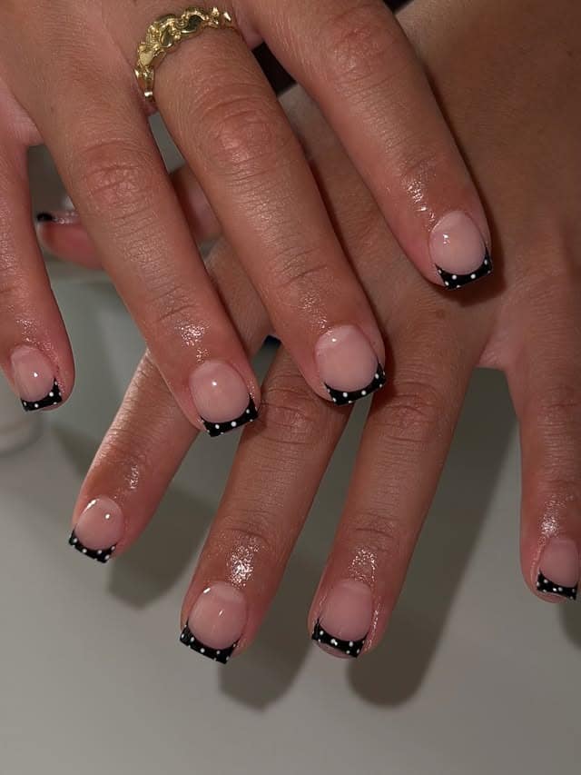 4. Black Micro Dot French Tip Short Coffin Nails - short coffin nail ideas