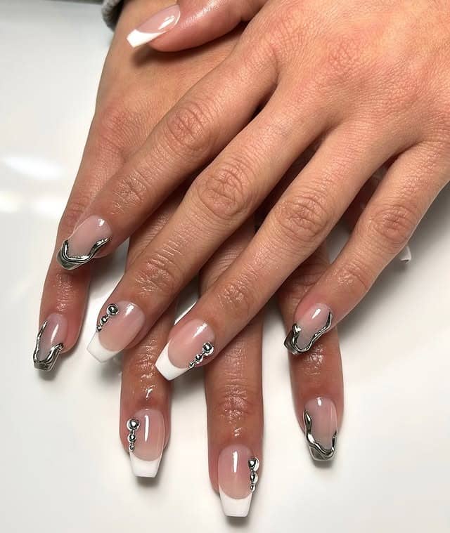 5. Chrome Swirl French Short Coffin Nails - short coffin nail ideas