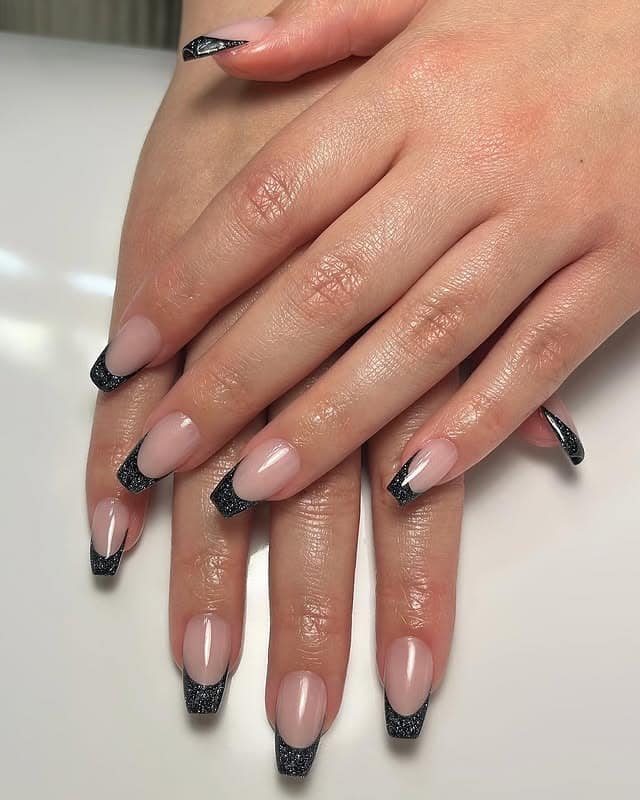 8. Black Glitter French Tip Short Coffin Nails - short coffin nail ideas