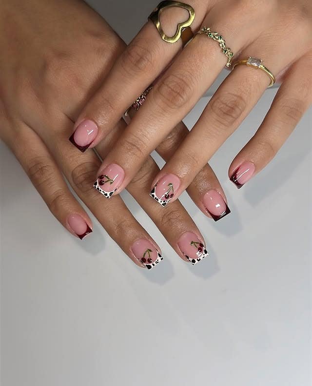 14. Burgundy Cherry French Short Coffin Nails - short coffin nail ideas