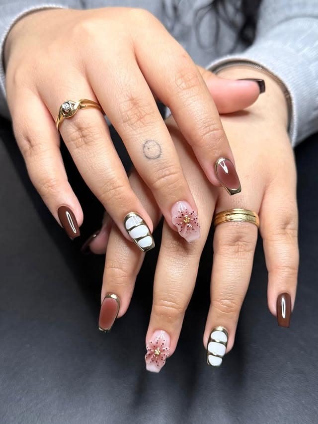 16. Chocolate Brown Floral Short Coffin Nails - short coffin nail ideas