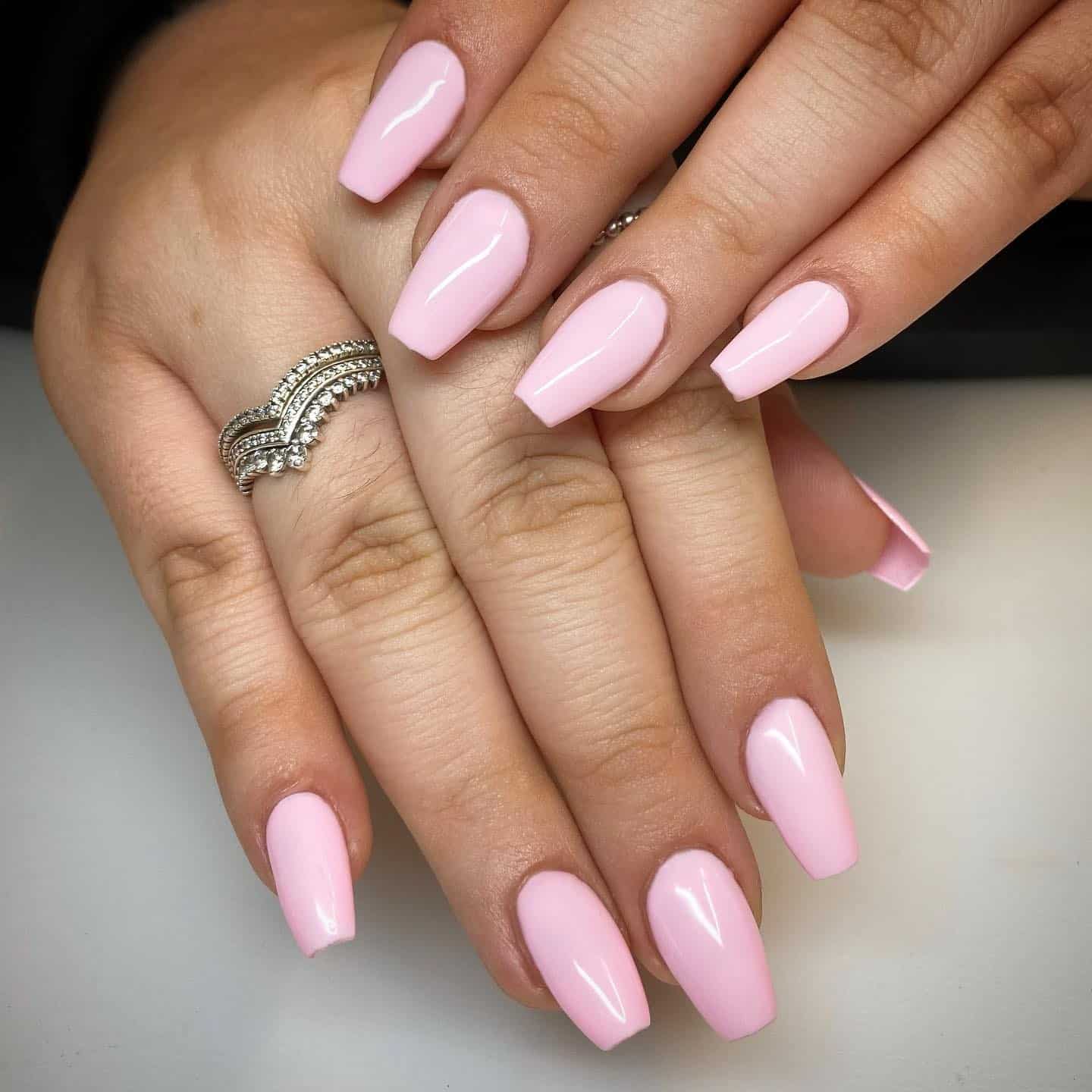 17. Baby Pink Solid Short Coffin Nails - short coffin nail ideas