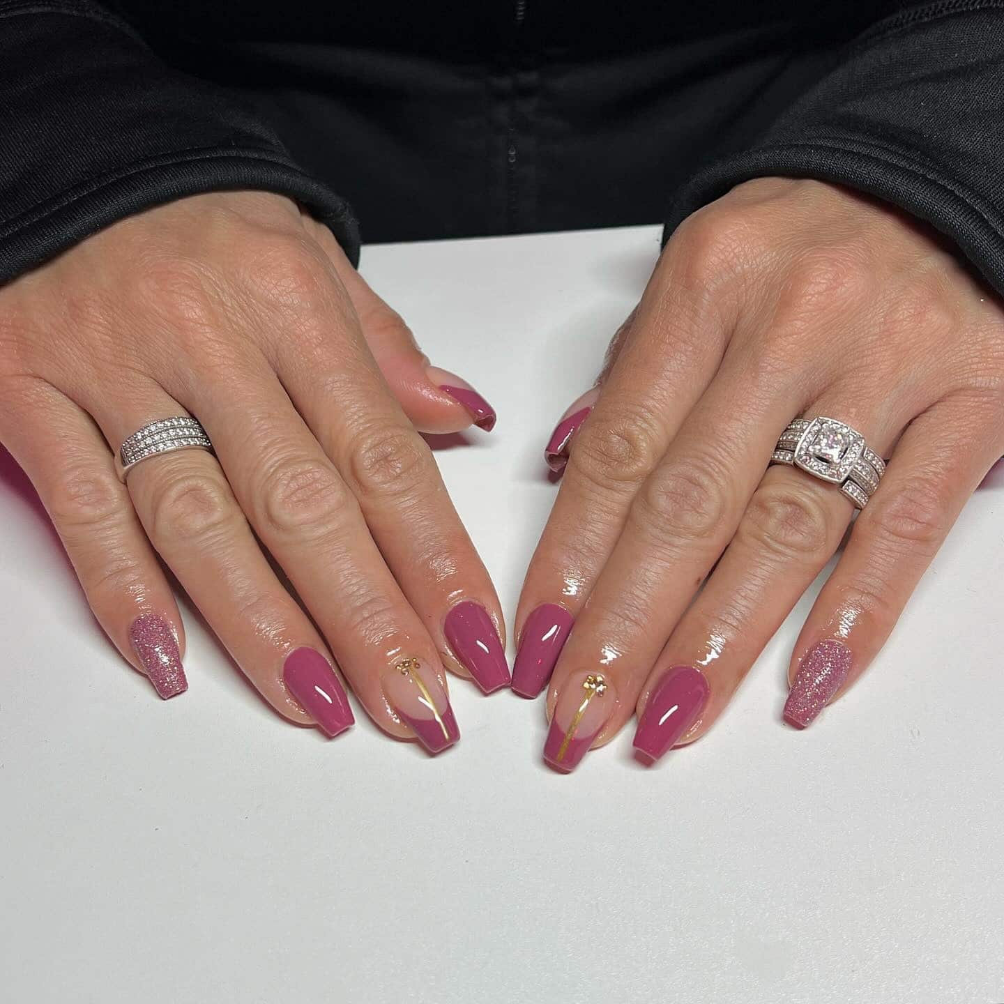 18. Dusty Rose Glitter Short Coffin Nails - short coffin nail ideas