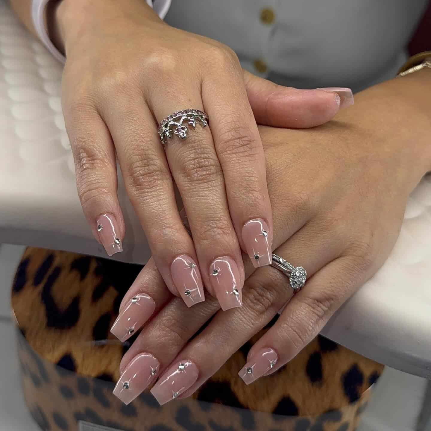 19. Nude Rhinestone Short Coffin Nails - short coffin nail ideas