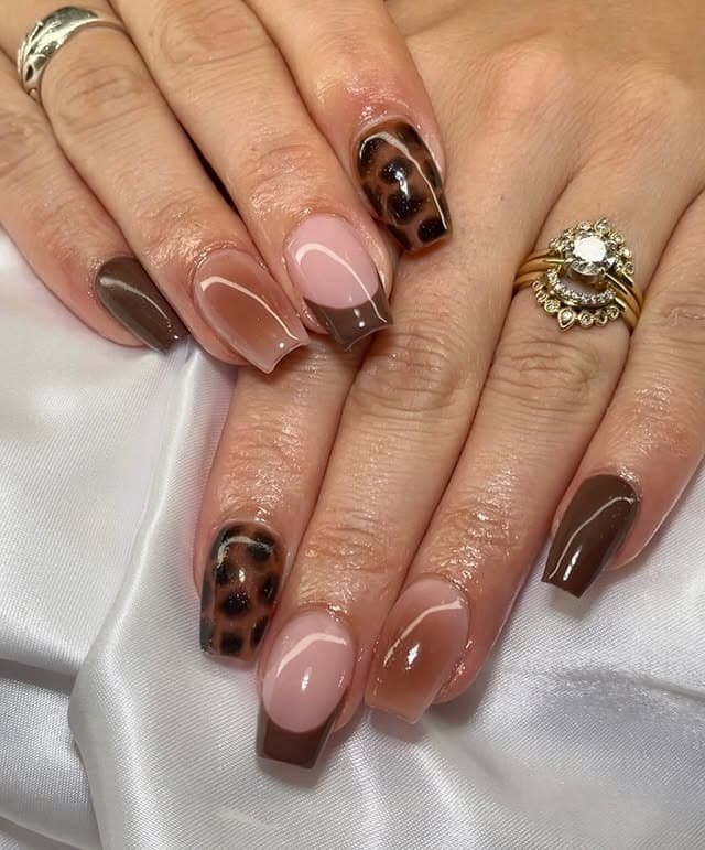 20. Mocha Brown Short Coffin Nails with Tortoiseshell Art - short coffin nail ideas
