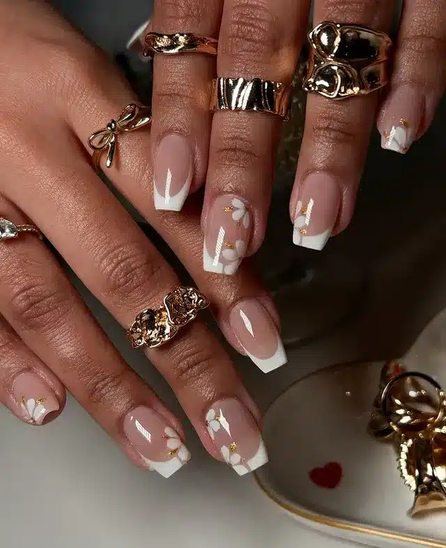 21. White Floral French Short Coffin Nails - short coffin nail ideas