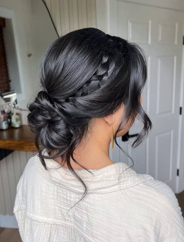 14. Braided Low Bun with Soft Black Hair - Bun Hairstyles
