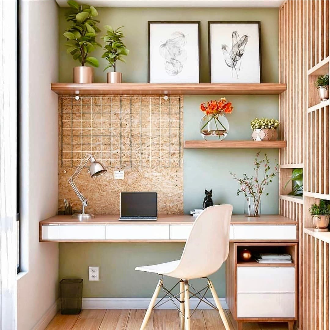 2. Sage Green Small Home Office with Natural Wood Details - small home office ideas