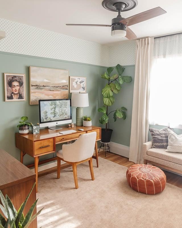 3. Soft Green Small Home Office with Mid-Century Wood Furniture - small home office ideas