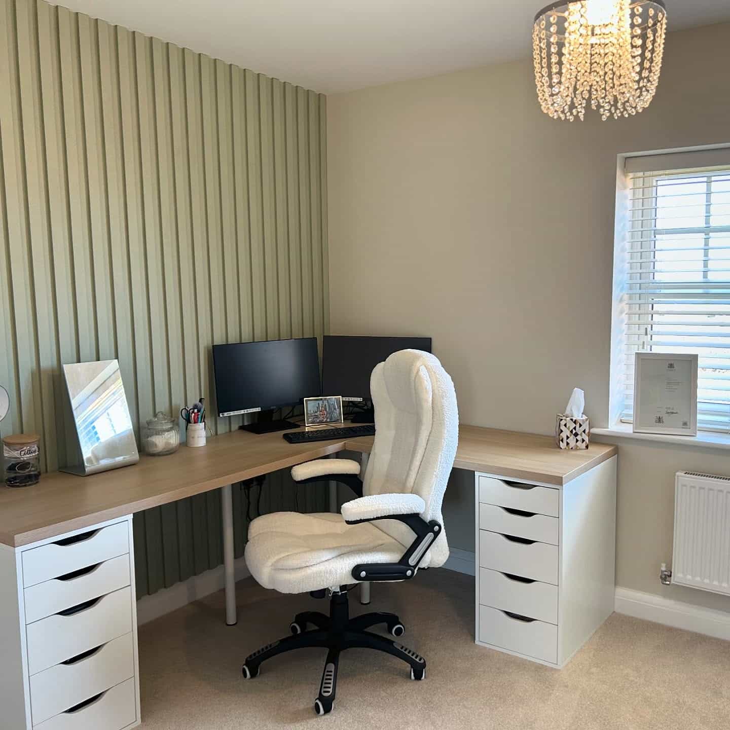 4. Olive Green Small Home Office with White Furniture - small home office ideas