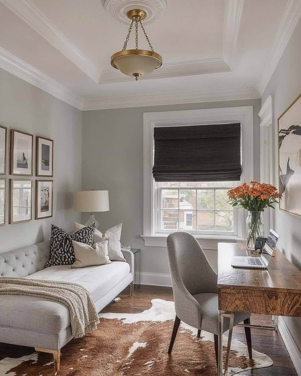 5. Gray Small Home Office with Rustic Wood Desk - small home office ideas