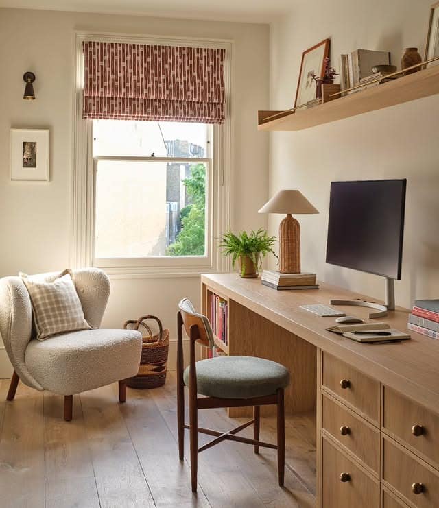 6. Light Wood Small Home Office with Cream Decor - small home office ideas
