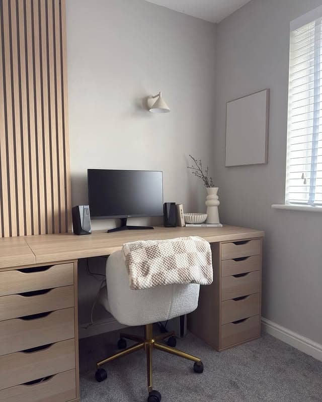 7. Minimalist Beige Small Home Office with Light Wood Finishes - small home office ideas