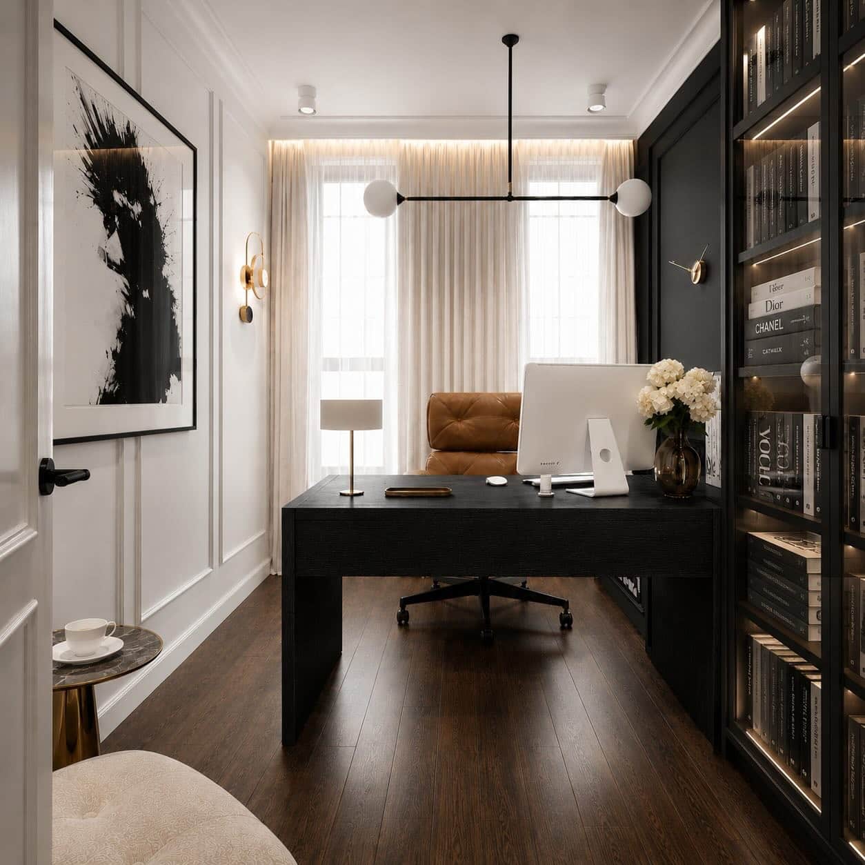 8. Black and White Small Home Office with Dark Wood Flooring - small home office ideas