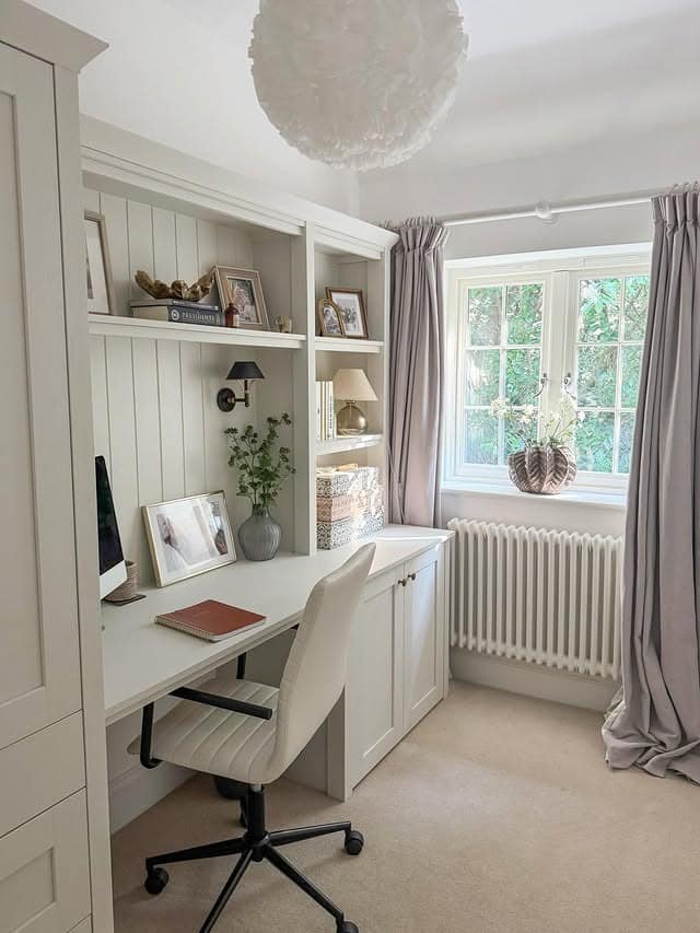 10. Classic White Small Home Office with Soft Gray Accents - small home office ideas