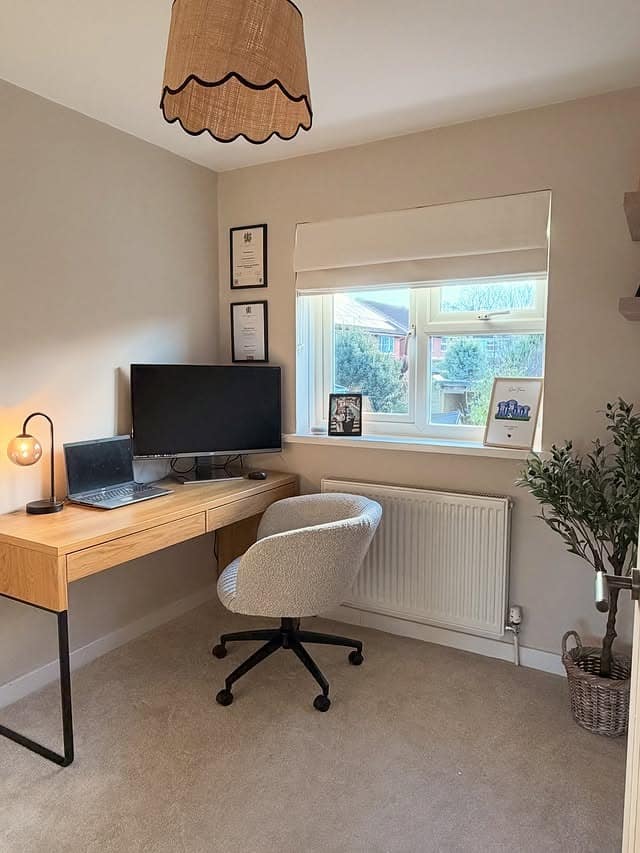 12. Warm Taupe Small Home Office with Oak Desk - small home office ideas