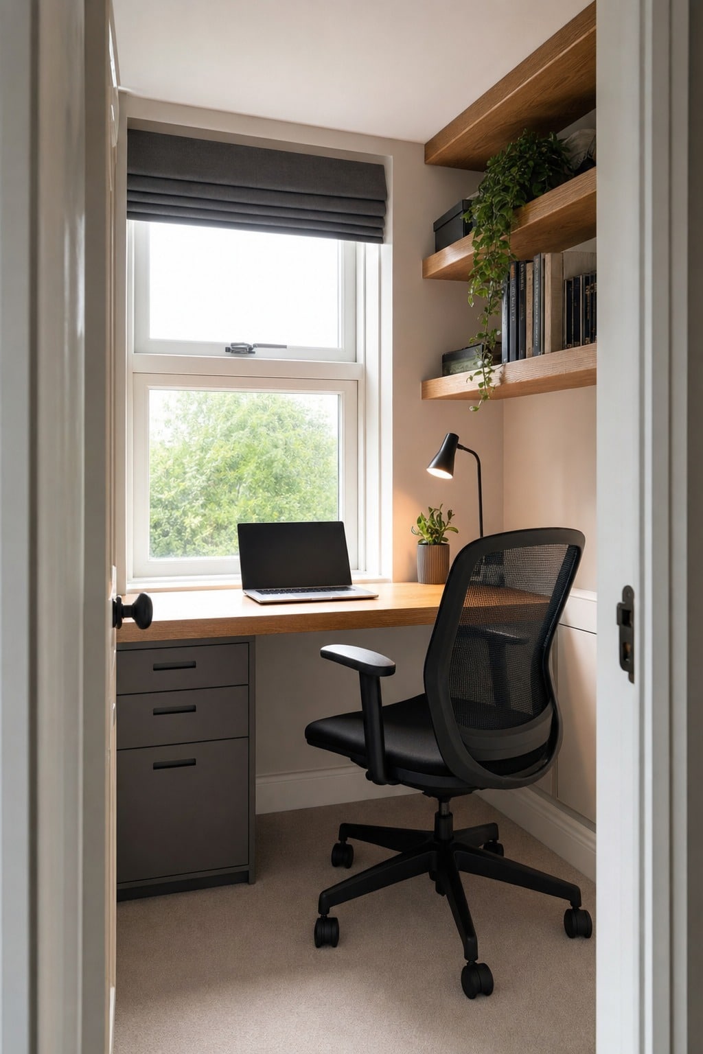 13. Gray and Wood Small Home Office with Floating Shelves - small home office ideas
