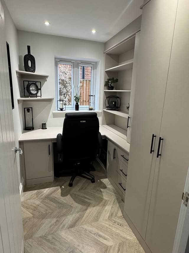 14. Soft Gray Small Home Office with Built-In Storage - small home office ideas