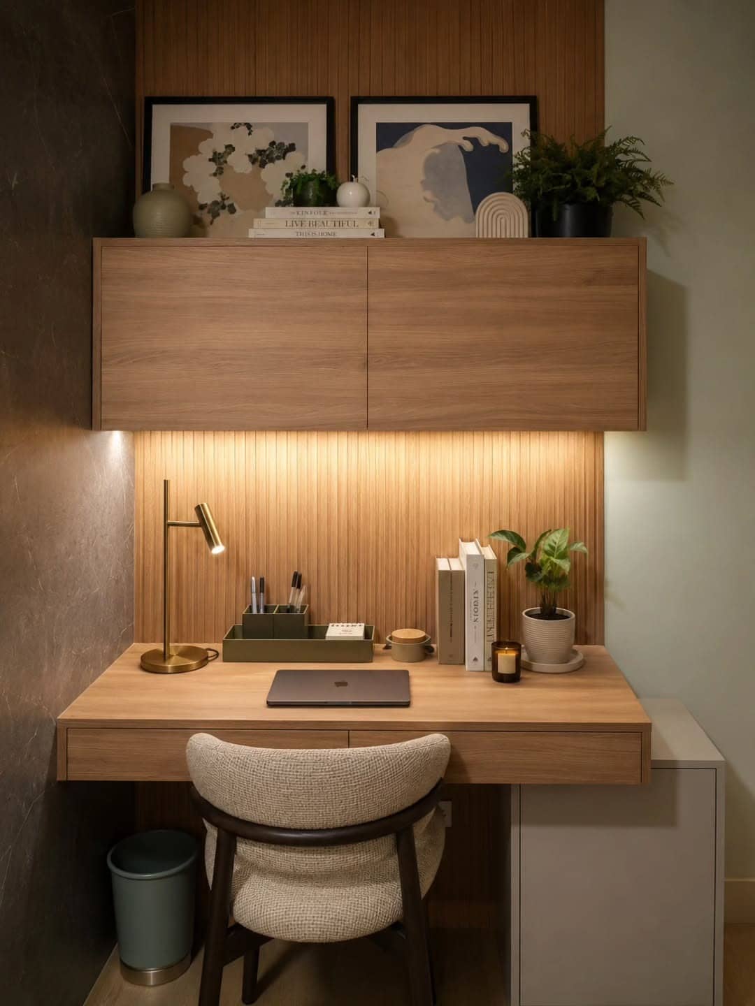 15. Walnut Small Home Office with Warm Lighting - small home office ideas