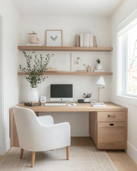 16. Light Wood Small Home Office with White Decor - small home office ideas