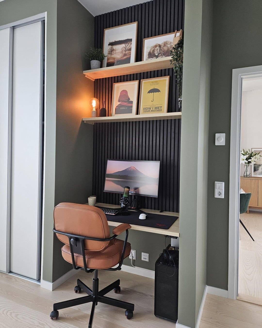 17. Olive Green Small Home Office with Black Slat Wall - small home office ideas