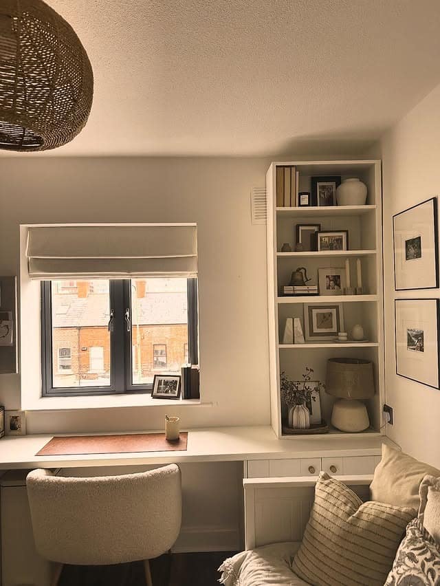 18. Cream Small Home Office with Built-In Shelving - small home office ideas
