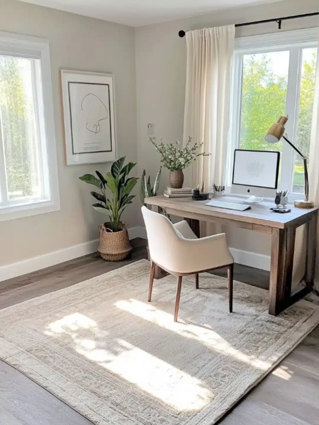 19. Beige Small Home Office with Natural Wood Furniture - small home office ideas