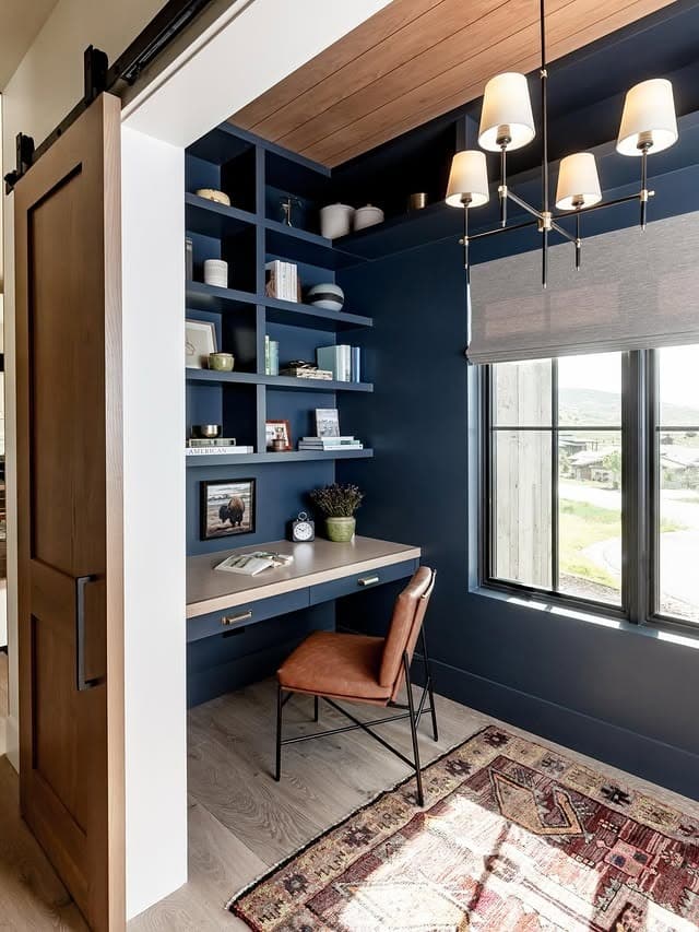 20. Navy Blue Small Home Office with Wood Details - small home office ideas
