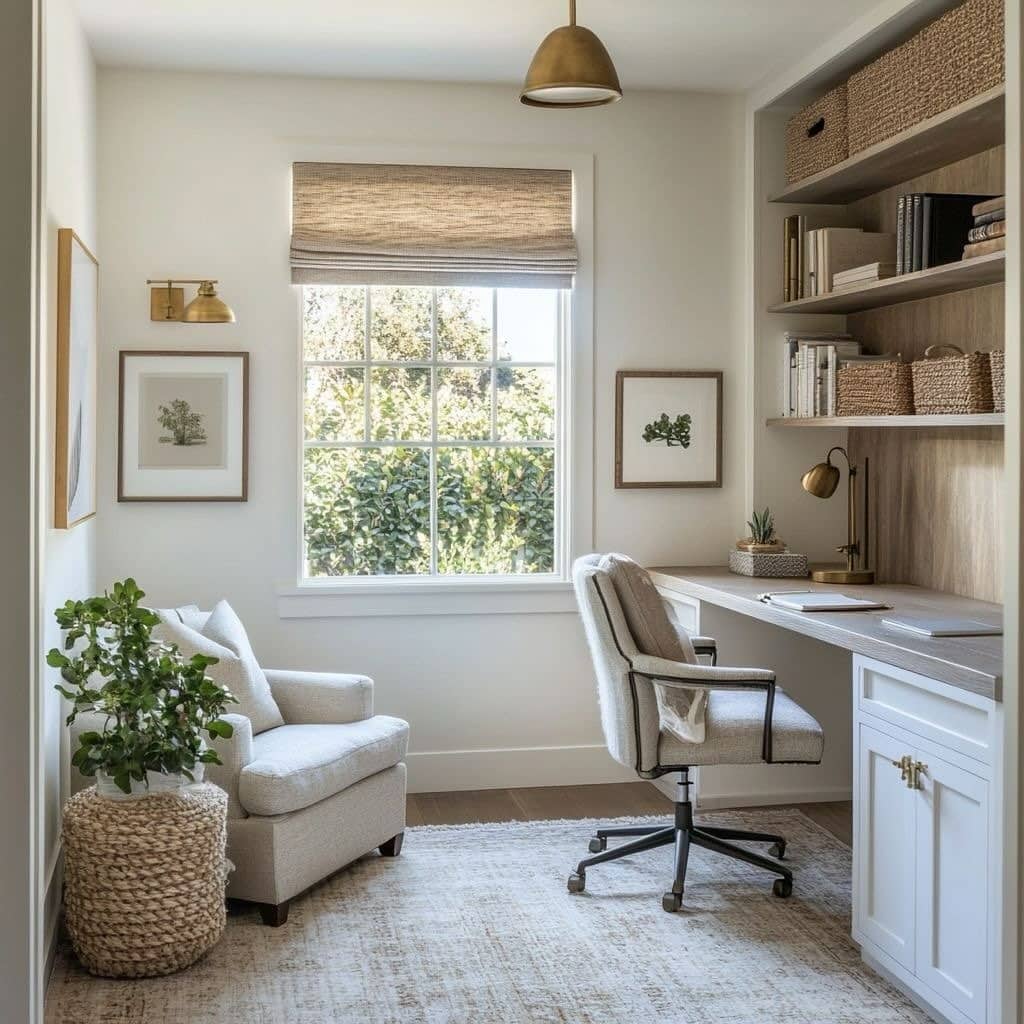 21. Soft Beige Small Home Office with White Built-Ins - small home office ideas
