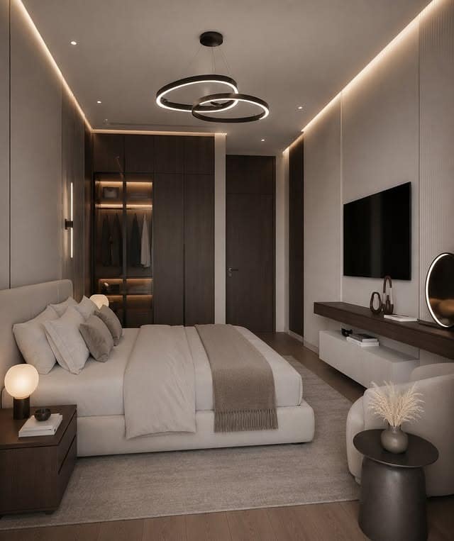 20. Chic Bedroom Ideas in Greige and Dark Walnut - chic bedroom ideas