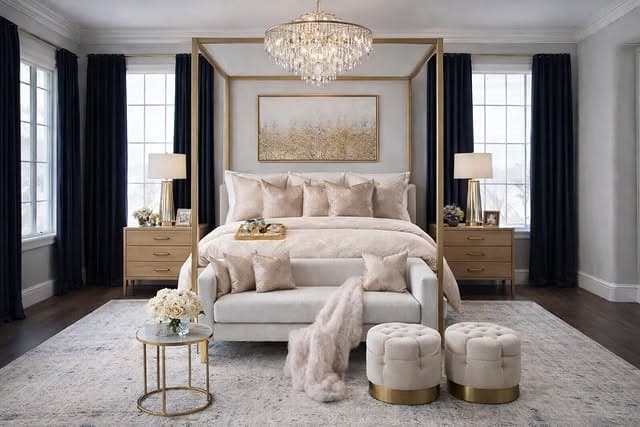 21. Chic Bedroom Ideas in Soft Blush and Navy Blue - chic bedroom ideas