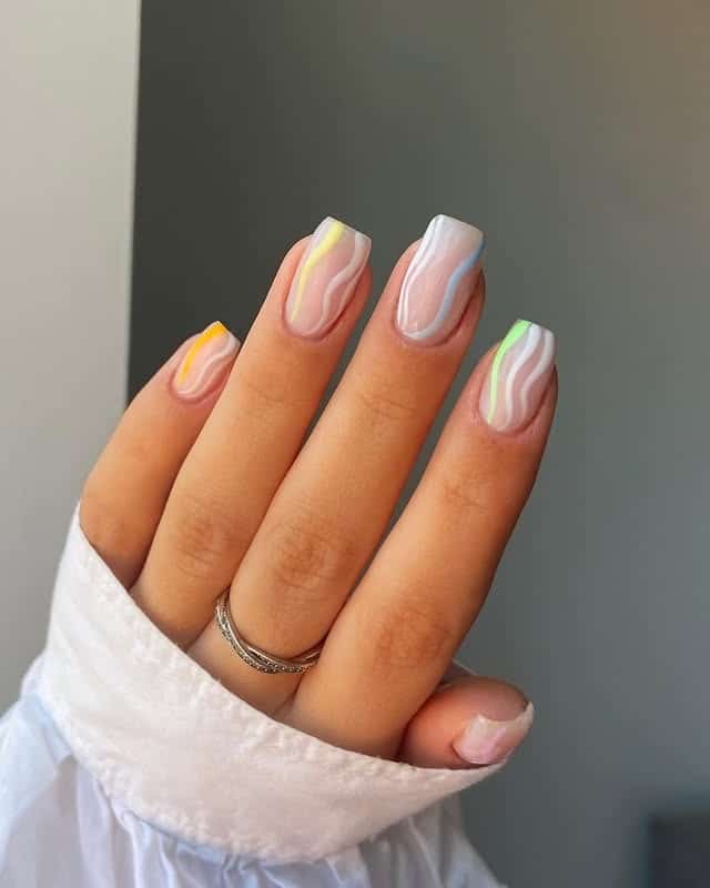 2. Minimal Nude Square Swirl Nails with Neon Lines - swirl nail ideas