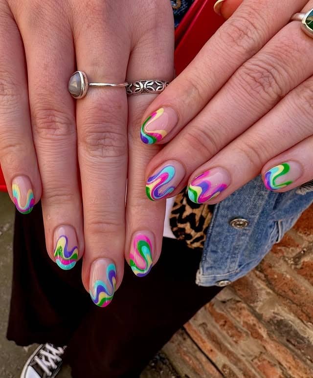 3. Bright Multicolor Swirl Almond Nails - swirl nail ideas