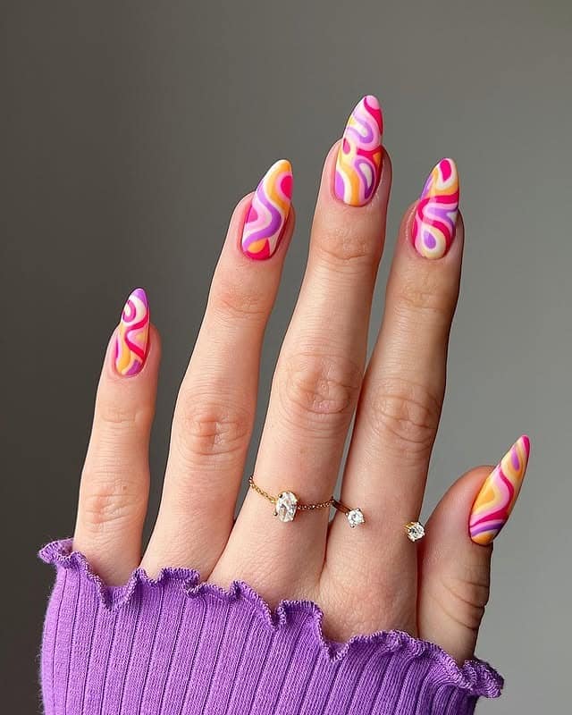5. Retro Pink and Orange Swirl Almond Nails - swirl nail ideas