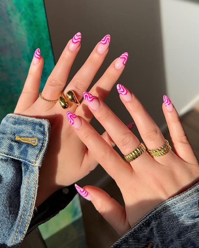 6. Hot Pink Swirl French Tip Nails - swirl nail ideas