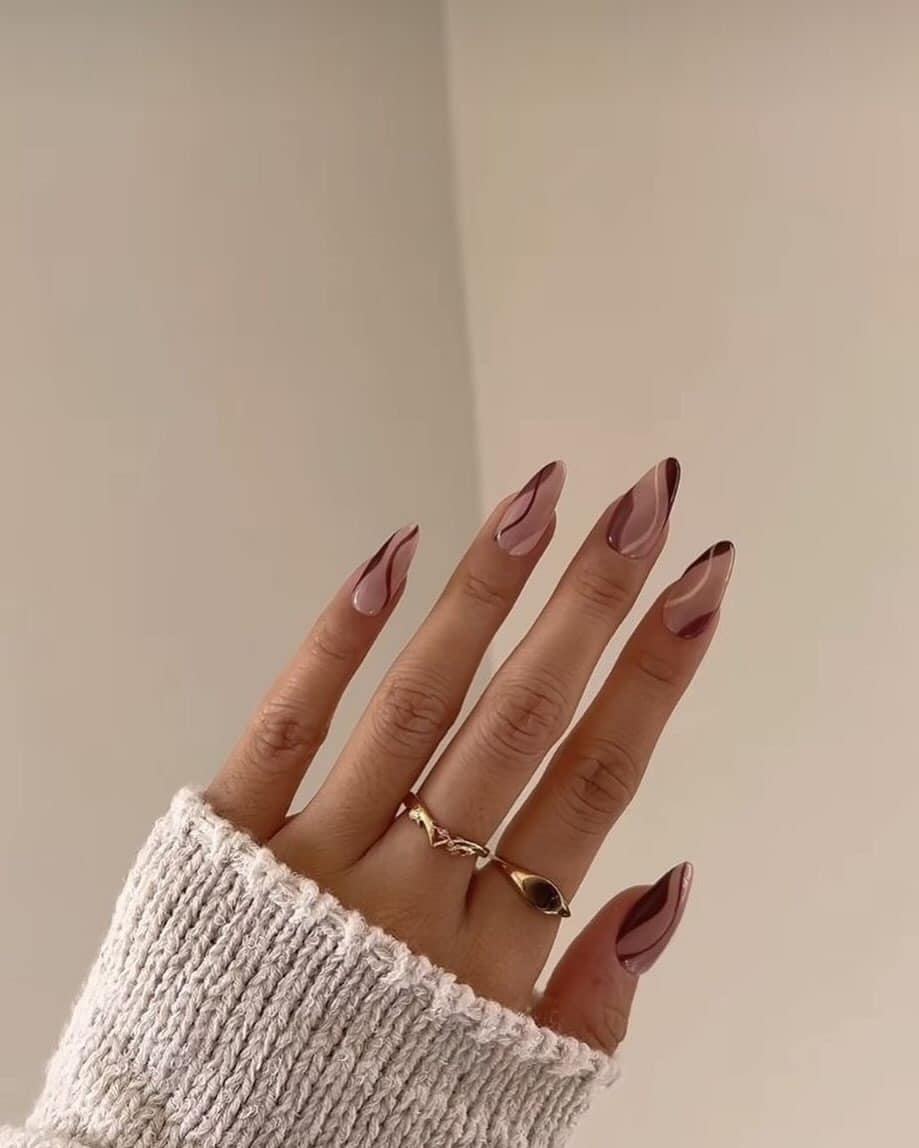 7. Mocha Brown Swirl Almond Nails - swirl nail ideas
