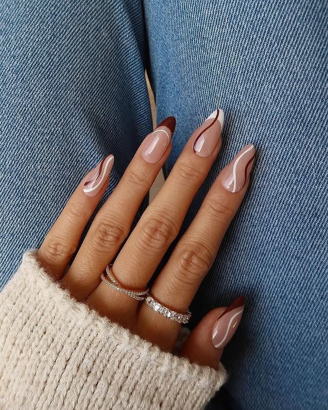 10. Chocolate Brown French Swirl Nails - swirl nail ideas
