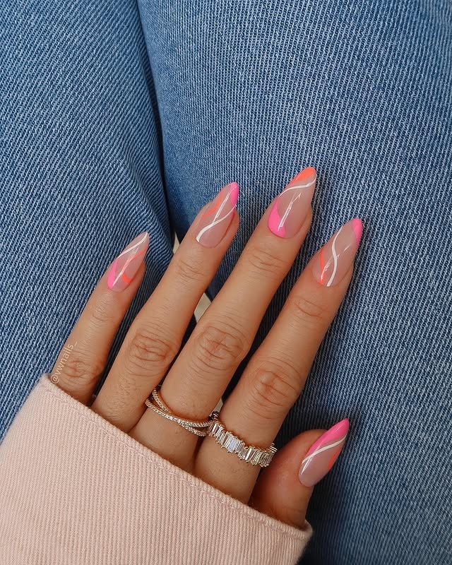 11. Neon Pink Swirl Almond Nails - swirl nail ideas