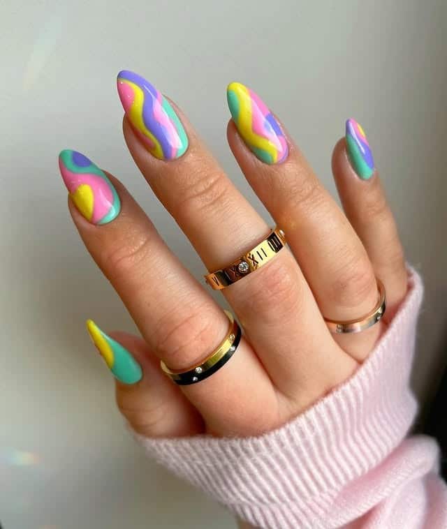 14. Pastel Rainbow Swirl Almond Nails - swirl nail ideas
