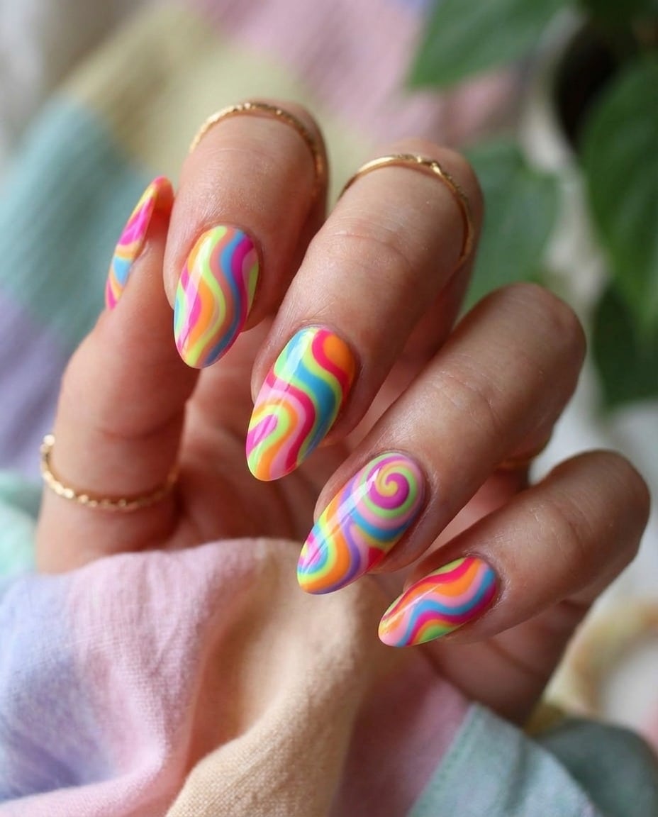 15. Rainbow Psychedelic Swirl Almond Nails - swirl nail ideas